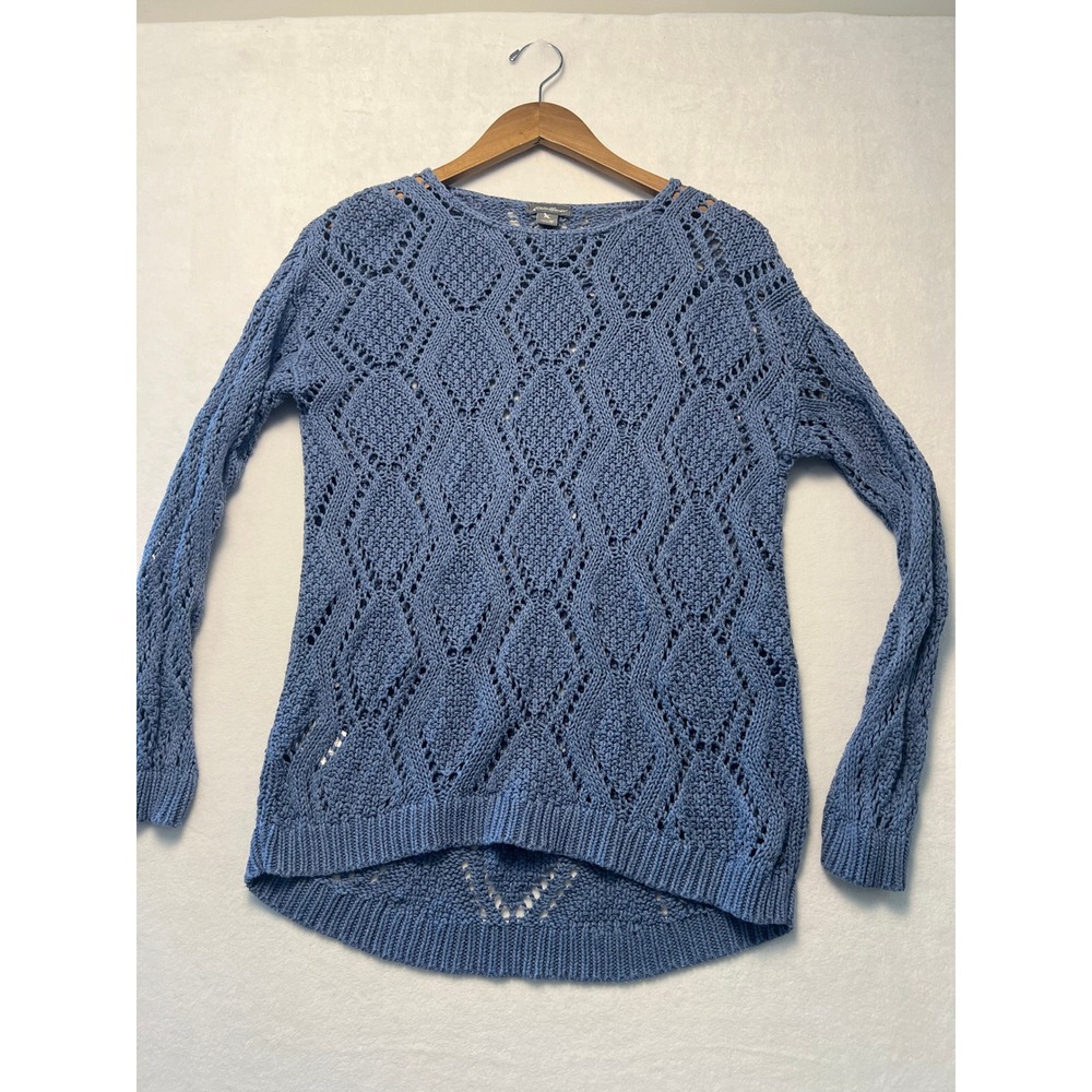 Eddie Bauer M Sweater Coastal Boho Blue Diamond Crochet Knit Long Sleeve Layered